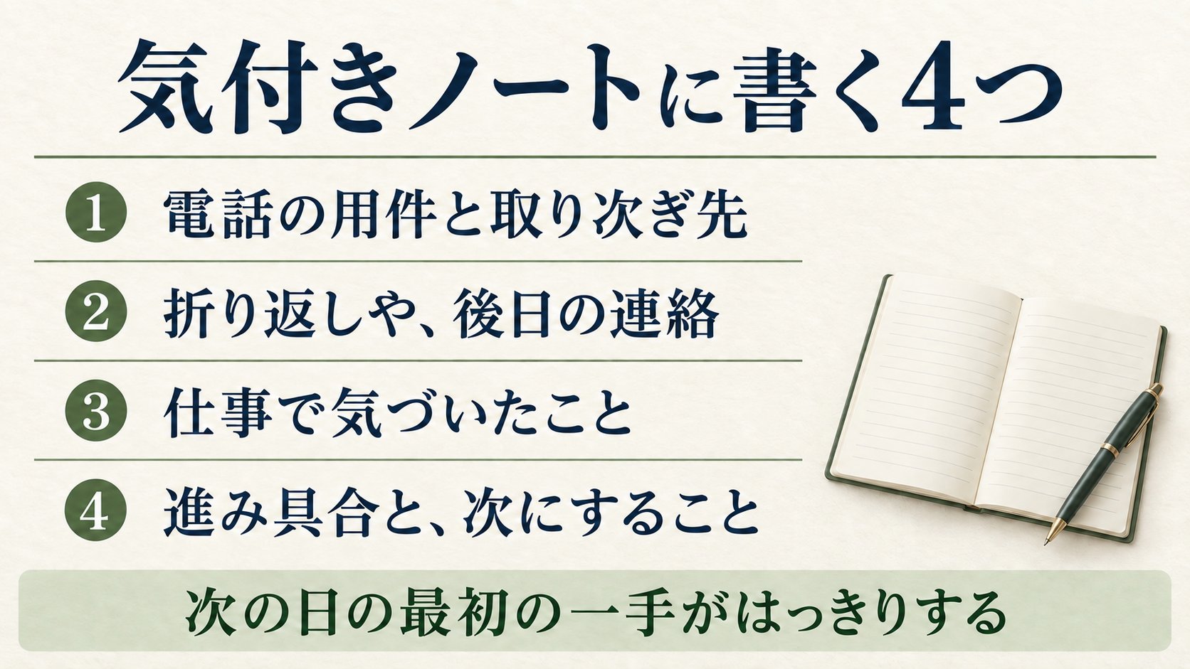気付きノートに書く4つ。電話の用件と取り次ぎ先、折り返しや後日の連絡、仕事で気づいたこと、進み具合と次にすること